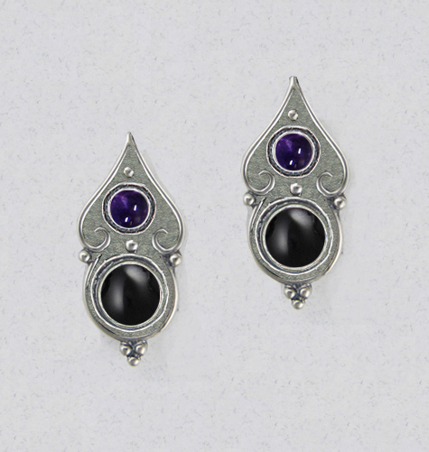 Sterling Silver Gothic Look Post Stud Earrings With Black Onyx And Iolite